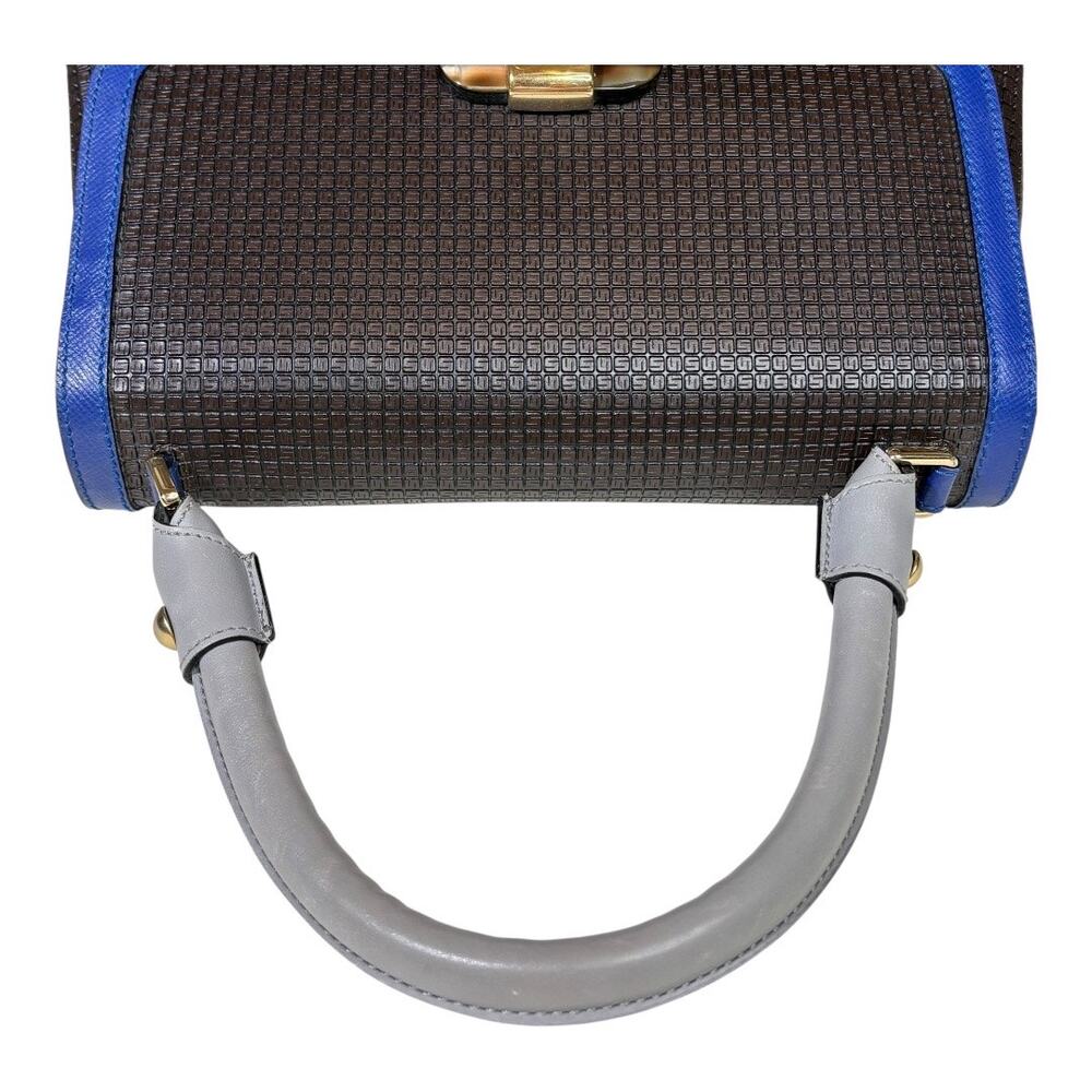 Serapian Bown Leather Gray Top Handle Cobalt Blue Trim Structured Handbag - Picture 5 of 9